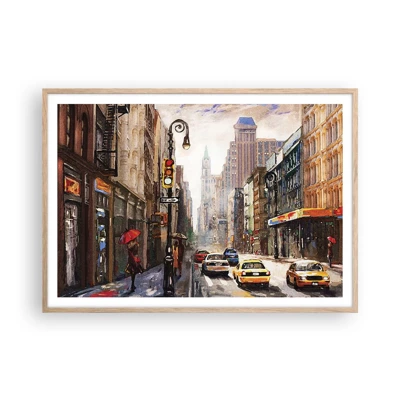 Poster in einem Rahmen aus heller Eiche - New York - auch im Regen bunt - 100x70 cm