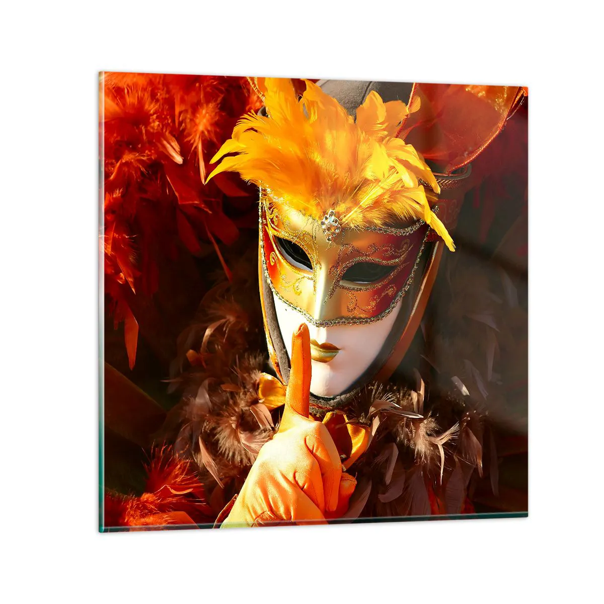Glasbild, Bilder auf glas Arttor 70x70 cm - Geheimnis ist Teil des Spiels - Venezianische Maske, Kunst, Venedig, Karneval, Italien, Ins Wohnzimmer, Für Schlafzimmer, Orange, Gold, Horizontal, Glas, GAC70x70-0420