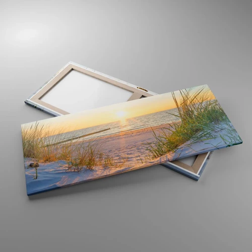 Bild auf Leinwand - Leinwandbild - Das Rauschen des Meeres, der Gesang der Vögel, ein wilder Strand im Gras ... - 120x50 cm