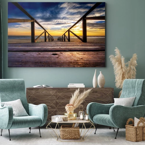 Bild auf Leinwand - Leinwandbild - Direkt zum ruhigen Strand bei Sonnenuntergang - 70x50 cm