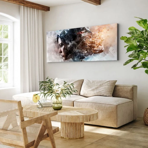 Bild auf Leinwand - Leinwandbild - Eine Geschichte über ein Mädchen mit einer Stadt im Hintergrund - 100x40 cm