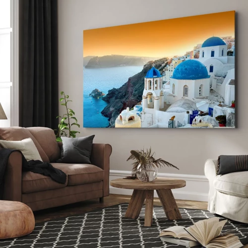 Bild auf Leinwand - Leinwandbild - Santorini - an die Felsen gekuschelt - 70x50 cm