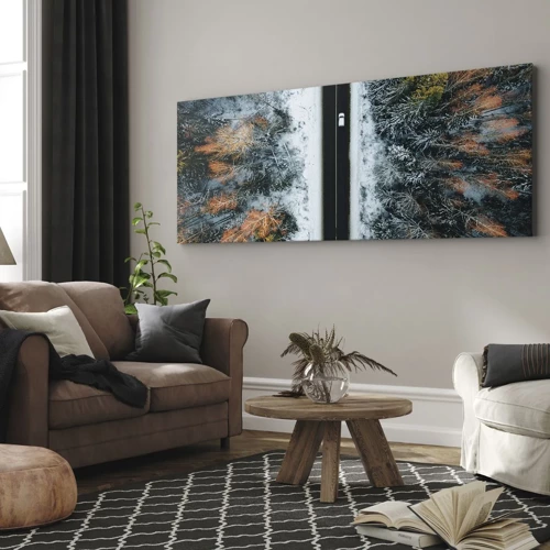 Bild auf Leinwand - Leinwandbild - Schnitt durch den Winterwald - 140x50 cm