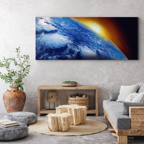 Bild auf Leinwand - Leinwandbild - Sonnenaufgang über dem blauen Planeten - 100x40 cm