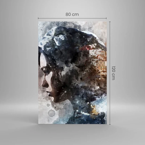 Glasbild - Bild auf glas - Eine Geschichte über ein Mädchen mit einer Stadt im Hintergrund - 80x120 cm
