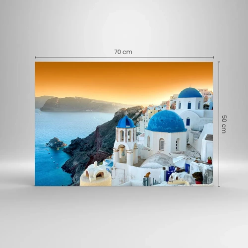 Glasbild - Bild auf glas - Santorini - an die Felsen gekuschelt - 70x50 cm