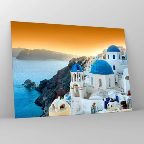 Glasbild - Bild auf glas - Santorini - an die Felsen gekuschelt - 70x50 cm