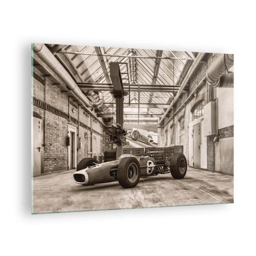 Glasbild, Bilder auf glas Arttor 70x50 cm - Die Siegerruhe - Formel 1, Retro, Automobil, Autogarage, Sport, Ins Wohnzimmer, Für Schlafzimmer, Weiß, Braun, Horizontal, Glas, GAA70x50-4918