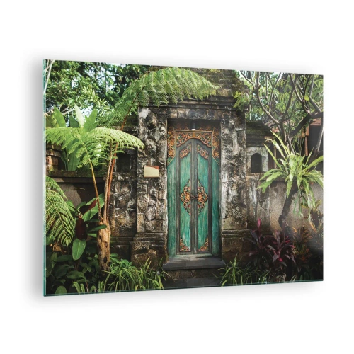 Glasbild, Bilder auf glas Arttor 70x50 cm - Eine Tür zu einer exotischen Welt - Tür Mit Ornament, Die Architektur, Geheimnis, Bali-Insel, Indonesien, Ins Wohnzimmer, Für Schlafzimmer, Braun, Schwarz, Horizontal, Glas, GAA70x50-5078
