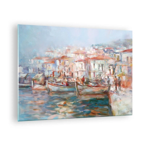 Glasbild, Bilder auf glas Arttor 70x50 cm - Pastell-Sommerferien - Hafenstadt, Die Architektur, Fischerboot, Meer, Malerei, Ins Wohnzimmer, Für Schlafzimmer, Weiß, Braun, Horizontal, Glas, GAA70x50-4852