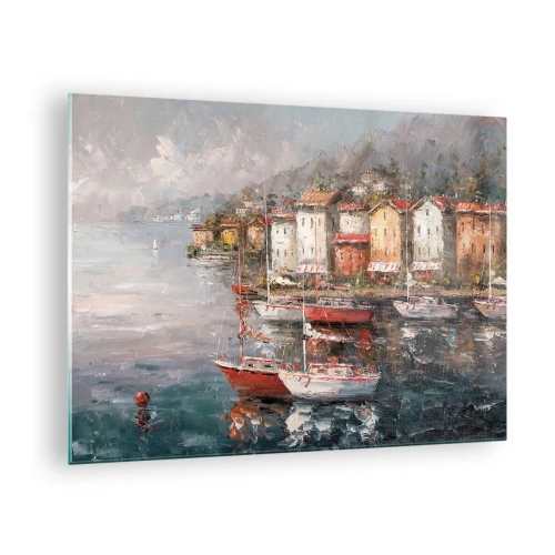 Glasbild, Bilder auf glas Arttor 70x50 cm - Romantische Oase - Die Architektur, Hafenstadt, Segelboot, Meer, Malerei, Ins Wohnzimmer, Für Schlafzimmer, Weiß, Braun, Horizontal, Glas, GAA70x50-5136