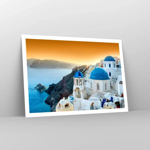 Poster - Santorini - an die Felsen gekuschelt - 100x70 cm