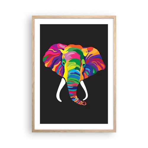 Poster in einem Rahmen aus heller Eiche - Der Elefant, der es liebte, im Regenbogen zu baden - 50x70 cm