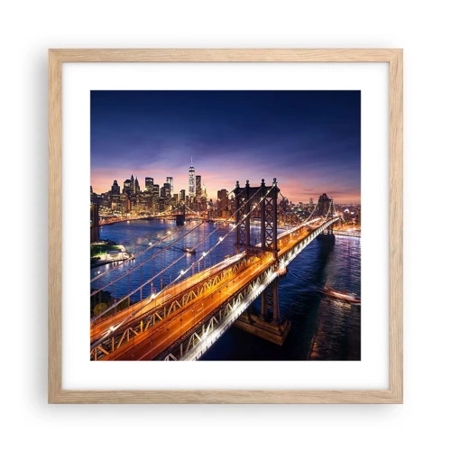 Poster in einem Rahmen aus heller Eiche - Eine leuchtende Brücke zum Herzen der Stadt - 40x40 cm
