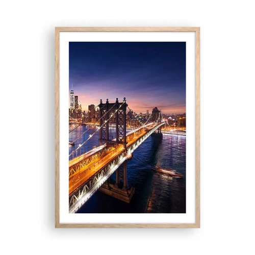 Poster in einem Rahmen aus heller Eiche - Eine leuchtende Brücke zum Herzen der Stadt - 50x70 cm