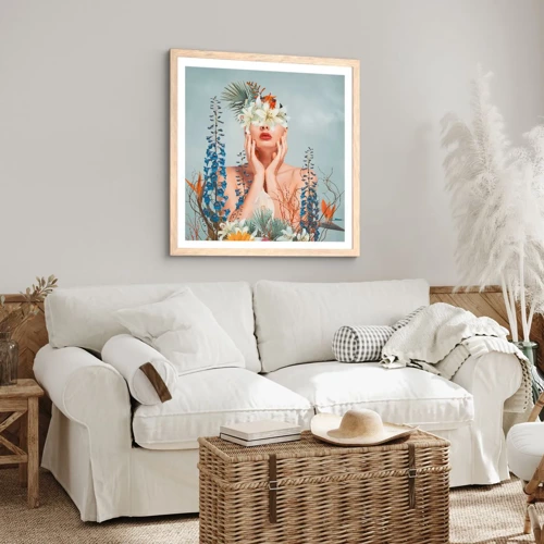 Poster in einem Rahmen aus heller Eiche - Frau - Blume - 30x30 cm