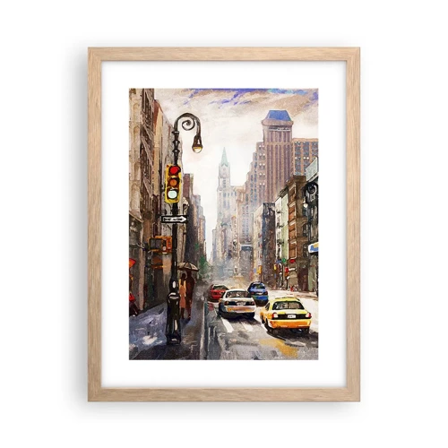 Poster in einem Rahmen aus heller Eiche - New York - auch im Regen bunt - 30x40 cm