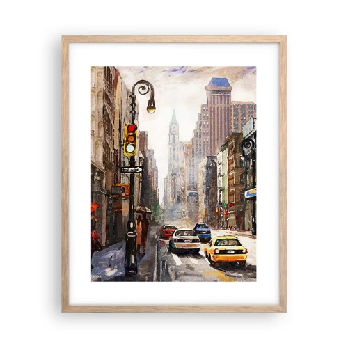 Poster in einem Rahmen aus heller Eiche - New York - auch im Regen bunt - 40x50 cm