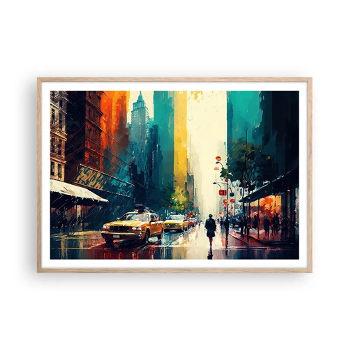 Poster in einem Rahmen aus heller Eiche - New York – selbst der Regen ist hier bunt - 100x70 cm