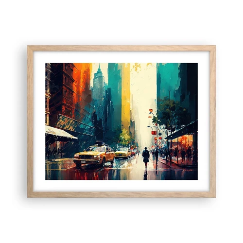 Poster in einem Rahmen aus heller Eiche - New York – selbst der Regen ist hier bunt - 50x40 cm