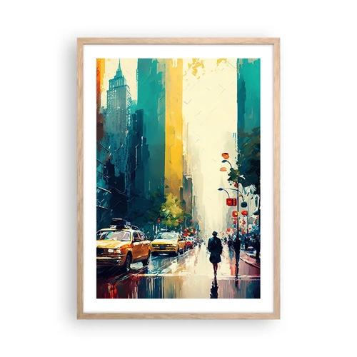 Poster in einem Rahmen aus heller Eiche - New York – selbst der Regen ist hier bunt - 50x70 cm