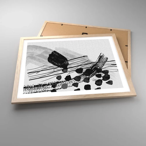 Poster in einem Rahmen aus heller Eiche - Organische Schwarz-Weiß-Abstraktion - 50x40 cm