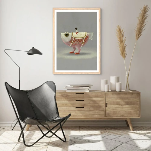 Poster in einem Rahmen aus heller Eiche - Reiter auf einem surrealen Fisch - 70x100 cm