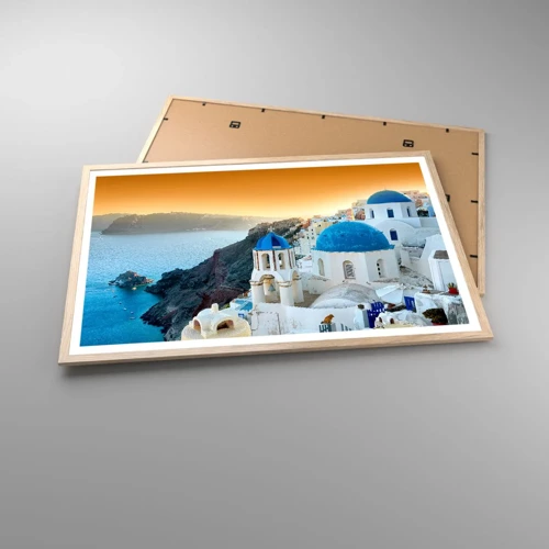 Poster in einem Rahmen aus heller Eiche - Santorini - an die Felsen gekuschelt - 91x61 cm