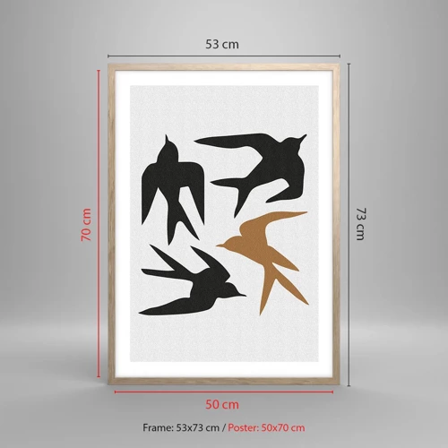 Poster in einem Rahmen aus heller Eiche - Schwalbenspaß - 50x70 cm