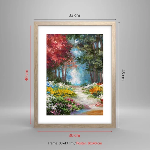 Poster in einem Rahmen aus heller Eiche - Waldgarten, Blumenwald - 30x40 cm