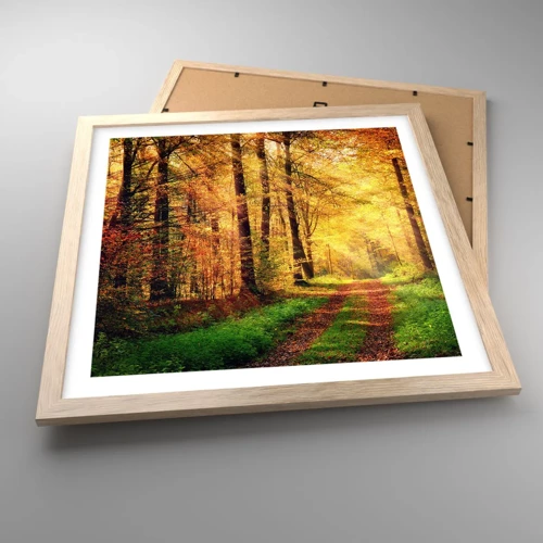 Poster in einem Rahmen aus heller Eiche - Waldgoldene Stille - 40x40 cm