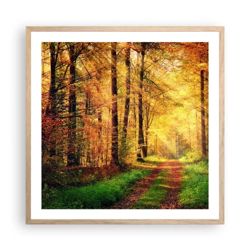 Poster in einem Rahmen aus heller Eiche - Waldgoldene Stille - 60x60 cm