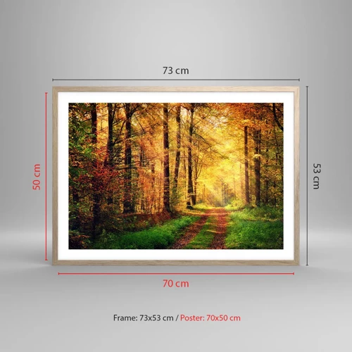 Poster in einem Rahmen aus heller Eiche - Waldgoldene Stille - 70x50 cm