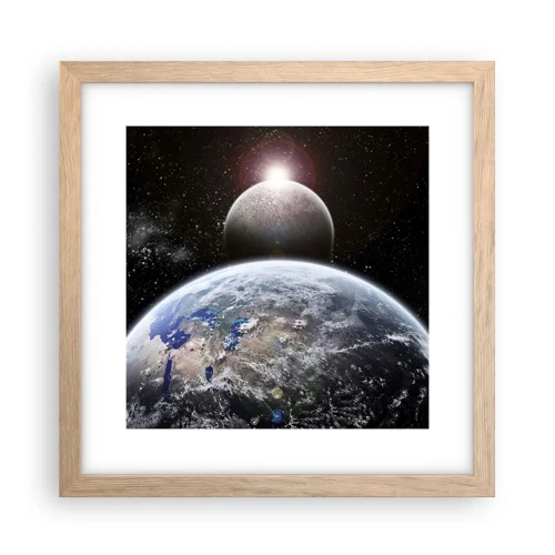 Poster in einem Rahmen aus heller Eiche - Weltraumlandschaft - Sonnenaufgang - 30x30 cm