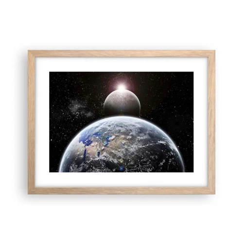 Poster in einem Rahmen aus heller Eiche - Weltraumlandschaft - Sonnenaufgang - 40x30 cm