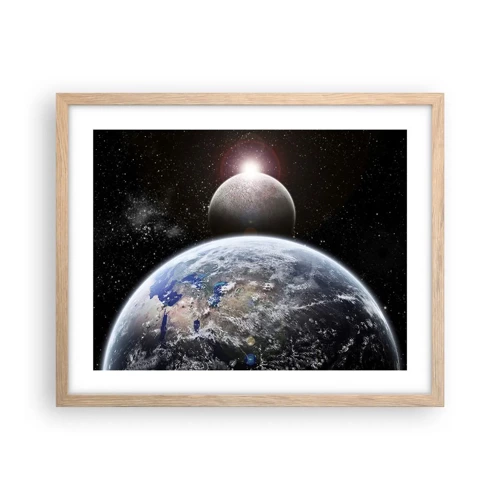 Poster in einem Rahmen aus heller Eiche - Weltraumlandschaft - Sonnenaufgang - 50x40 cm