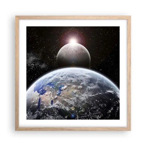 Poster in einem Rahmen aus heller Eiche - Weltraumlandschaft - Sonnenaufgang - 50x50 cm