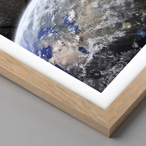 Poster in einem Rahmen aus heller Eiche - Weltraumlandschaft - Sonnenaufgang - 50x50 cm