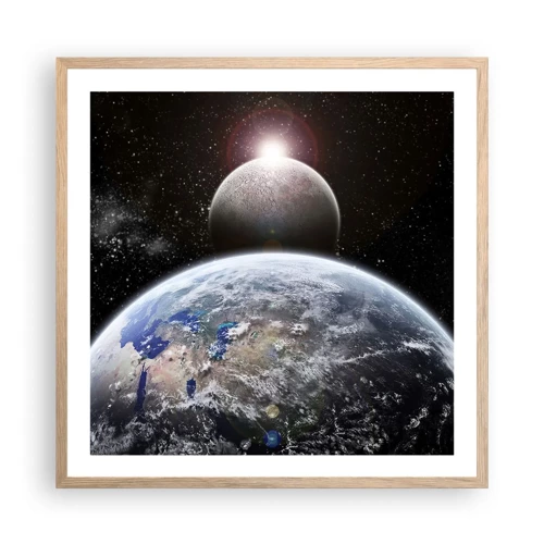 Poster in einem Rahmen aus heller Eiche - Weltraumlandschaft - Sonnenaufgang - 60x60 cm