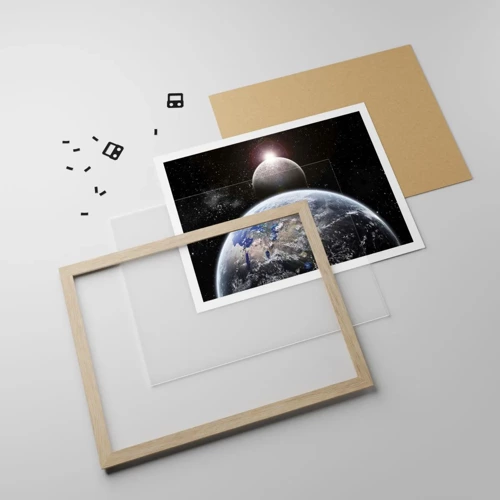 Poster in einem Rahmen aus heller Eiche - Weltraumlandschaft - Sonnenaufgang - 70x50 cm