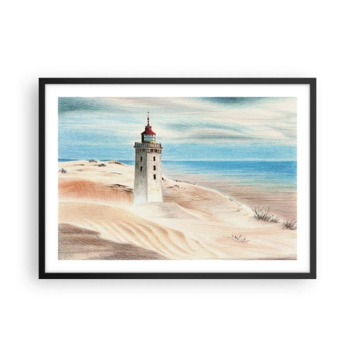 Poster in einem schwarzem Rahmen Arttor 70x50 cm - Immer aufs Meer starrend - Leuchtturm, Strand, Meer, Düne, Malerei, Ins Wohnzimmer, Für Schlafzimmer, Weiß, Braun, Horizontal, P2BAA70x50-4764
