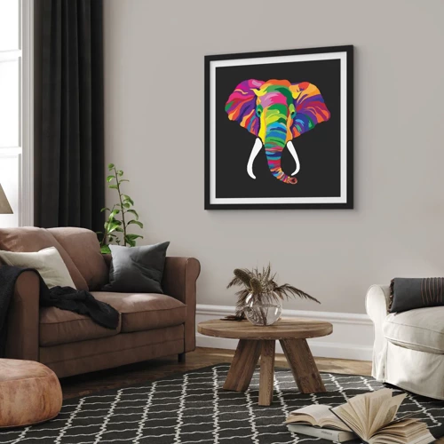 Poster in einem schwarzem Rahmen - Der Elefant, der es liebte, im Regenbogen zu baden - 30x30 cm