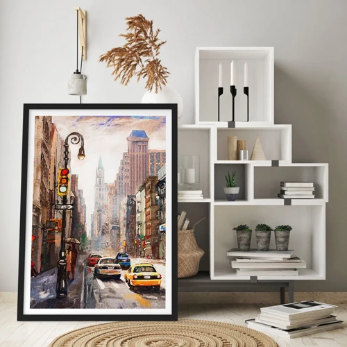 Poster in einem schwarzem Rahmen - New York - auch im Regen bunt - 30x40 cm