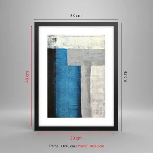 Poster in einem schwarzem Rahmen - Poetische Komposition aus Grau und Blau - 30x40 cm