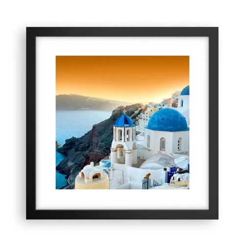 Poster in einem schwarzem Rahmen - Santorini - an die Felsen gekuschelt - 30x30 cm