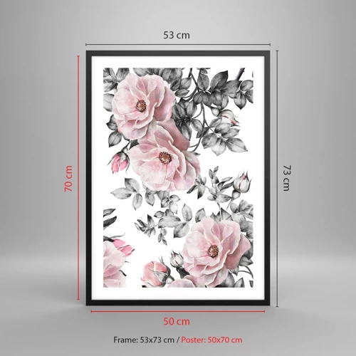 Poster in einem schwarzem Rahmen - Verliere dich in den Blüten der Rosen - 50x70 cm