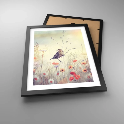 Poster in einem schwarzem Rahmen - Vogelporträt mit einer Wiese im Hintergrund - 30x40 cm