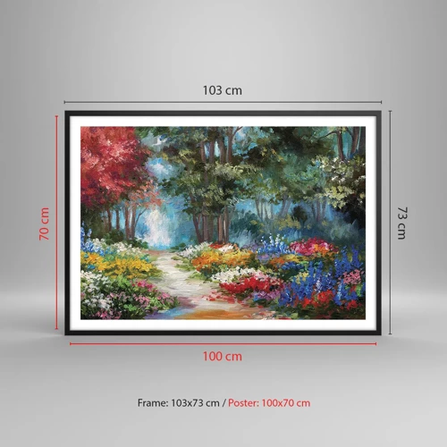 Poster in einem schwarzem Rahmen - Waldgarten, Blumenwald - 100x70 cm
