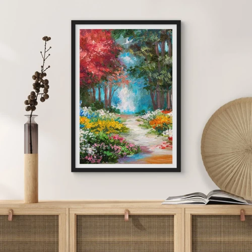 Poster in einem schwarzem Rahmen - Waldgarten, Blumenwald - 50x70 cm