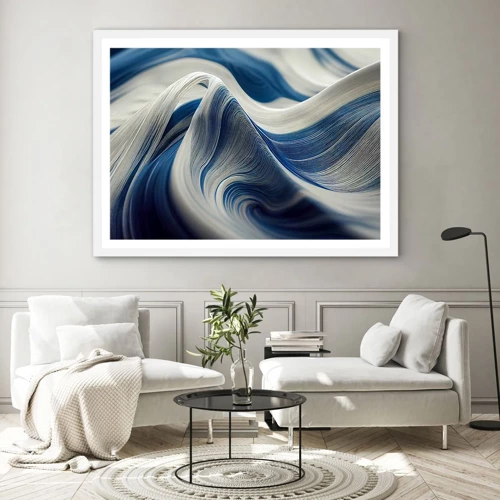 Poster in einem weißen Rahmen - Fließfähigkeit von Blau und Weiß - 100x70 cm